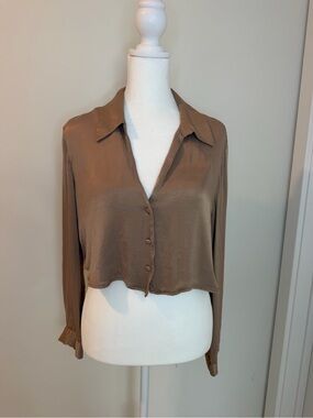 ZARA Womens Brown Cropped Button-Front Shirt